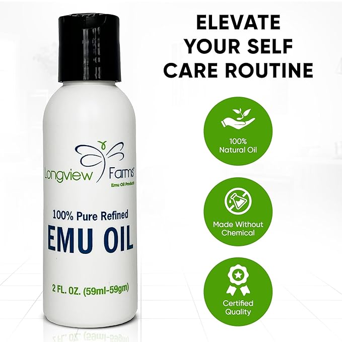 Longview Farms® Emu Oil - Hair and Body Oil - 100% Pure & Refined Emu Oil | Pure Emu Oil for Skin & Hair Care | Premium Quality Hydration & Nourishment | 4 Fl. Oz