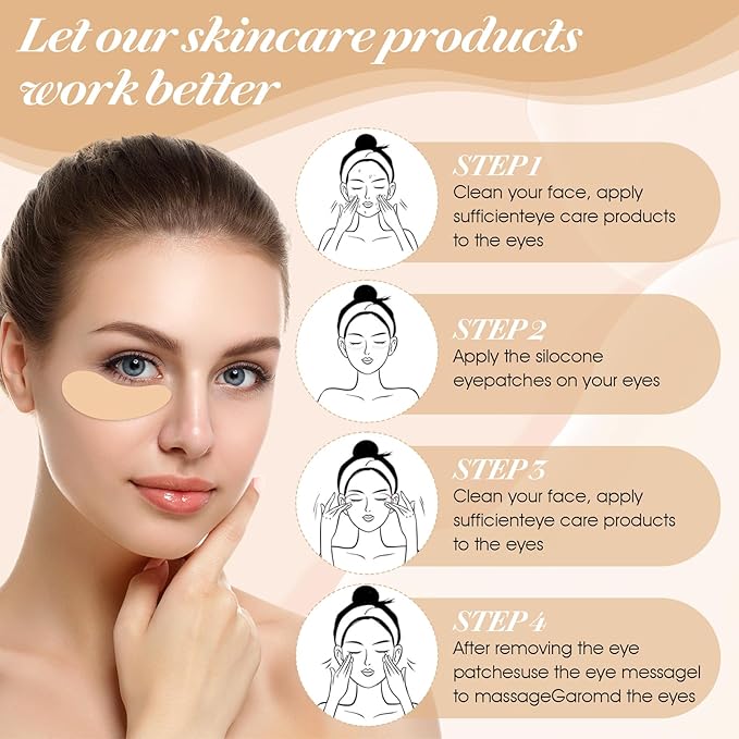 Lusofie 2Pairs Reusable Under Eye Patches Silicone Eye Patches Wrinkle Patches with Metal Applicator for Plump Fine Lines & Wrinkles, Tin Case (Cream Color)