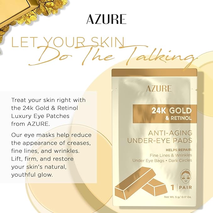 Azure Cosmetics 24K Gold & Retinol Anti Aging Under Eye Patches - Nourishing, Smoothing Hydrating Eye Mask - Reduces Fine Lines, Wrinkles, Dark Circles & Puffiness - Made in Korea - 5 Pairs