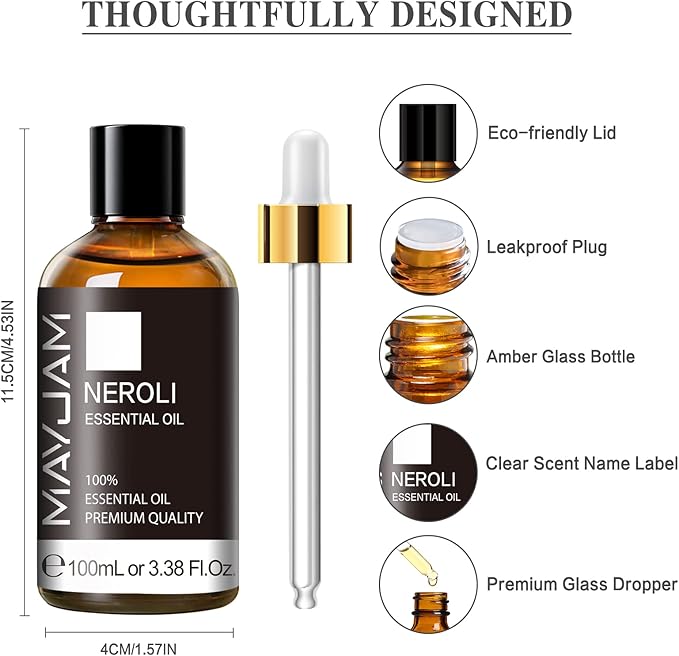 Neroli Essential Oil, MAYJAM Pure Essential Oils for Diffusers, 3.38FL.OZ/100ML Large Volume Neroli Oil with Premium Glass Dropper