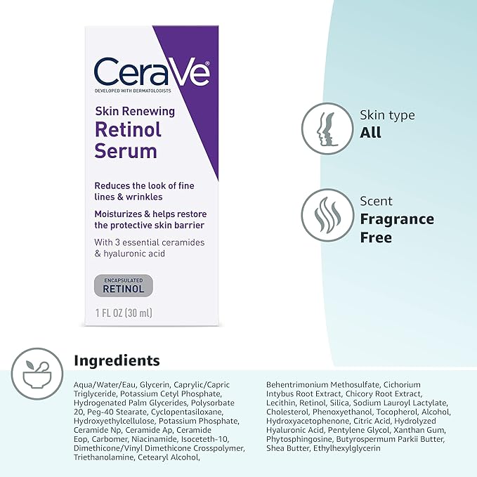 CeraVe Anti Aging Retinol Serum For Face, Encapsulated Retinol With Hyaluronic Acid, Niacinamide & Ceramides, Smooths Wrinkles & Fine Lines, Gentle Skin Brightening Serum, Fragrance Free, 1 Oz