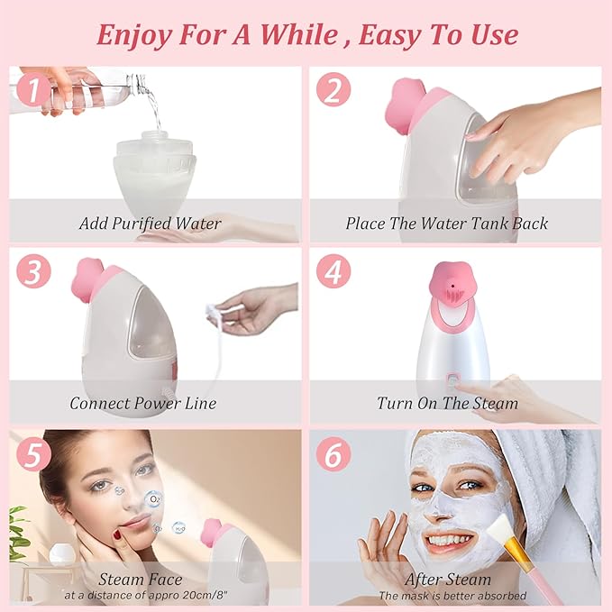 AUSSEN Facial Steamer,Nano Ionic Hot Mist Face Steamer Humidifier Atomizer Deep Cleaning Unclogs Pores Sinuses with Stainless Steel Skin Kit Brushes Hair Band for Home Facial Sauna Spa