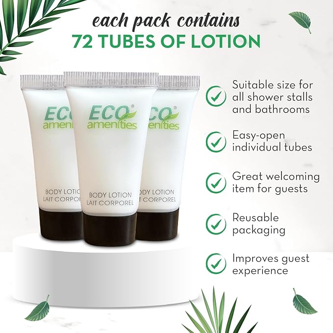 Eco Amenities Travel Size Lotion Bulk - 72 Pack, 22ml (0.75 fl oz) Tubes - Delight Guests with Refreshing Mini Hand Lotion Travel Size Toiletries - Individually Packed for AirBnBs, Hotels, Gyms, Spas