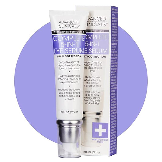 Advanced Clinicals 5-in-1 Eye Serum | Multi-Benefit Visible Anti Aging Under Eye Serum Face Moisturizer Reduces Appearance Of Dark Circles, Puffy Eyes, Crows Feet, Wrinkles, & Fine Lines, 2 Fl Oz