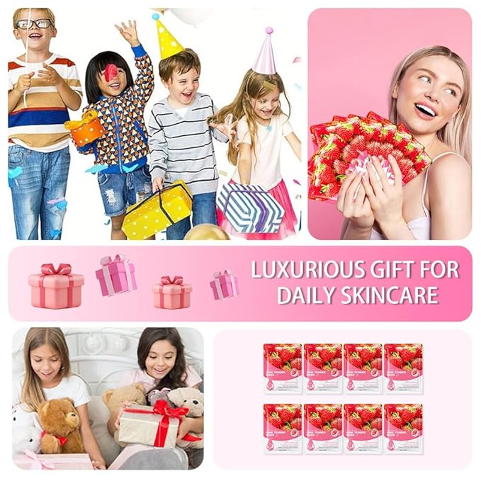 8 Pack Strawberry Face Sheet Mask Skincare,Hydrating Face Mask For Sensitive Skin,Moisturize,Soothing,Nourish for All Skin Types,Natural Spa Party Facial Mask Skincare Set for Women Men Girls