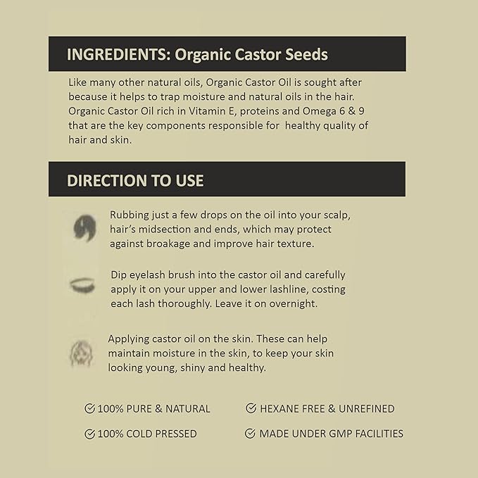 Organic Castor Oil - Cold-Pressed 100% Pure for Hair, Skin, and Wellness