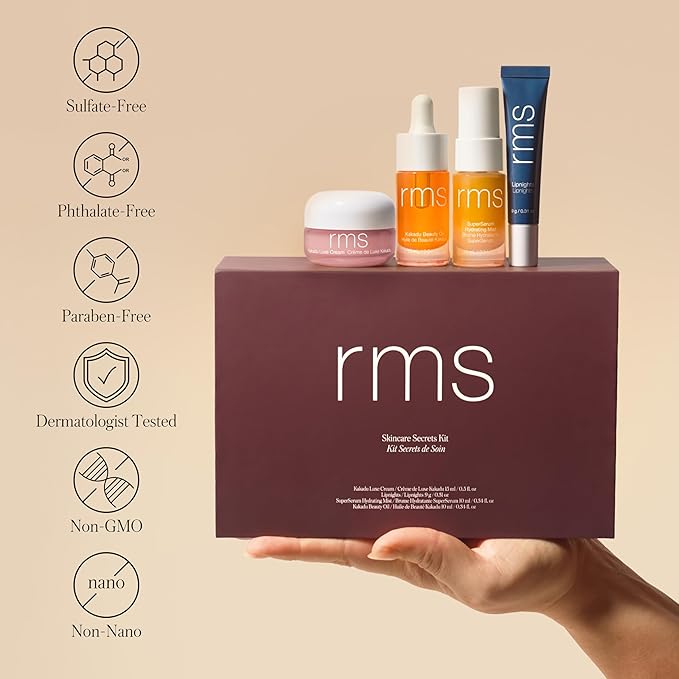 RMS Beauty Skincare Secrets Kit - Skin Care Set Kakadu Beauty Oil, Kakadu Luxe Cream, SuperSerum Hydrating Mist & Lipnights Lip Mask, Beauty Present Sets