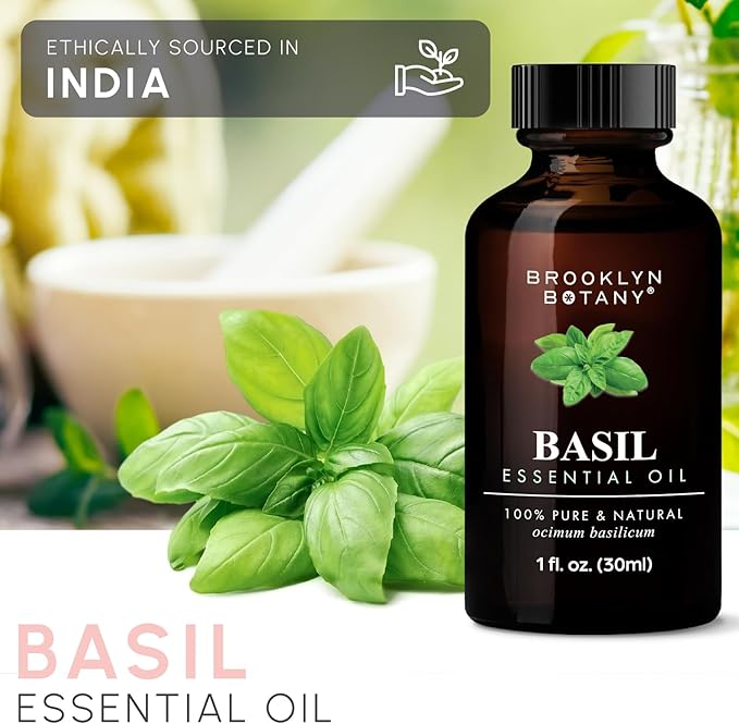Brooklyn Botany Basil Essential Oil – 100% Pure and Natural – Premium Grade Oil with Dropper - for Aromatherapy and Diffuser - 1 Fl Oz