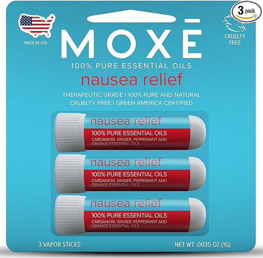 MOXE Nausea Nasal Inhaler Sticks, All Natural Essential Oil Blend, Ginger, Cardamom, Peppermint, Sweet Orange, Upset Stomach, Headaches, Easy-to-Use Portable Aromatherapy, Made in USA, 3 Pack