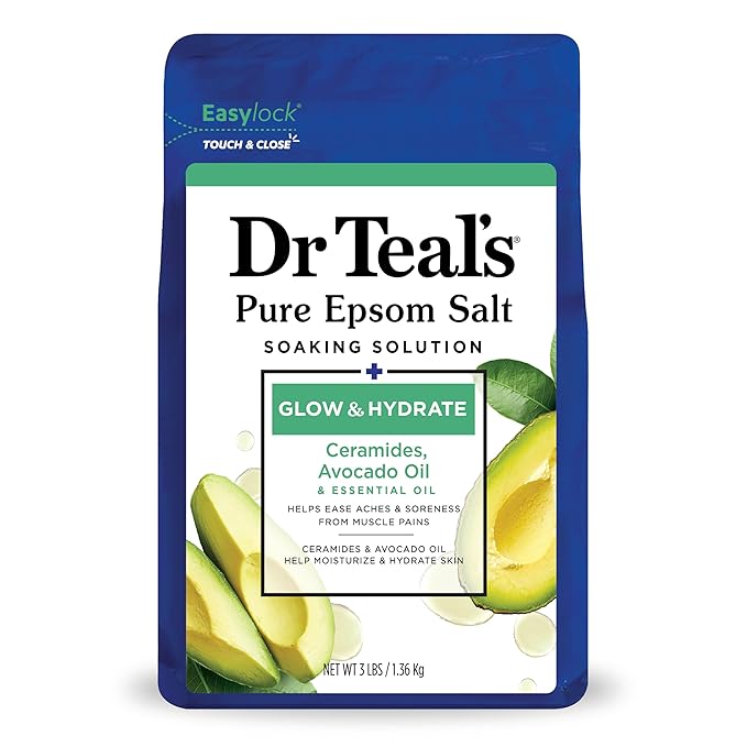 Dr Teal's Pure Epsom Magnesium Salt Soak, Glow & Hydrate with Ceramides & Avocado Essential Oils, 3 lbs