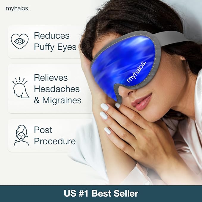 MyHalos® Gel Eye Mask - Reusable Cold Eye Mask with Adjustable Straps- Our Soothing Eye Gel Mask Helps Puffy Eyes, Dark Circles and Hangovers - Our Eye Ice Pack Also Relieves Sinus Pain & Headaches