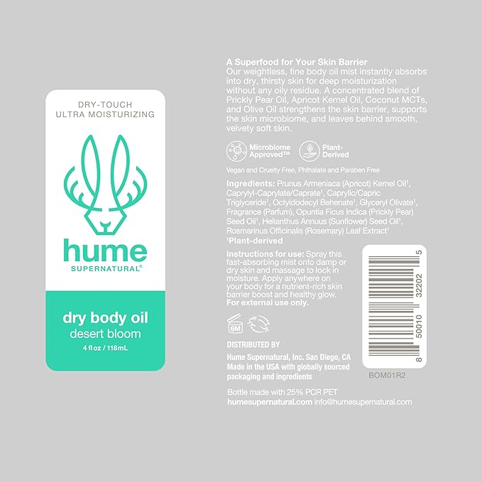 HUME SUPERNATURAL Dry Body Oil Spray - Moisturizing Oil for Dry Skin, After Shower Body Oils for Women and Men, Dry Oil Body Spray, Nourishing, Hydration, Glow, Probiotic, Desert Bloom, 2-Pack