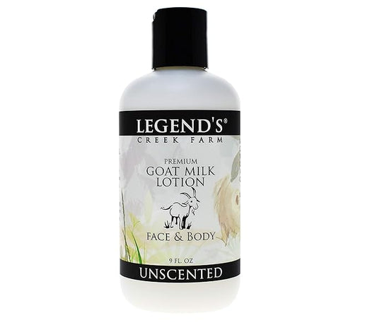 Legend's Creek Farm Goat Milk Lotion - Moisturizing Goat Milk Body Lotion for Body, Hand & Face - 9 oz Body Moisturizer with Shea Butter, Sunflower Oil, Aloe, Handmade in USA (Unscented L.)