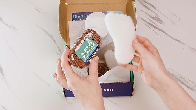 HartFelt Pedicure Exfoliation Beauty Box with 6 Exfoliating Foot Scrubber Bath Sponges & 2 Magic Pumice Stone for Feet Callus Remover | Gentle Sponge Pad & Foot Scrubbing Stone for Deep Cleansing