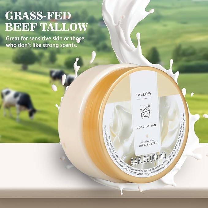 Tallow Lotion, Beef Tallow for Skin Face, Travel Size Body Lotion for Women and Men Dry Skin, Deep Moisturizing and Hydrating with Natural Shea Butter, Smell Good, 100ml(3.4floz)