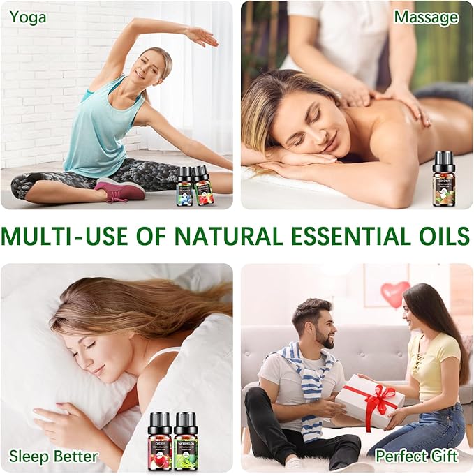 Fruity Essential Oils Set - 6x10ML Fruit Fragrance Oil for Diffuser, Aromatherapy, Candle Making - Strawberry, Cherry, Blueberry, Mango, Coconut, Watermelon Scented Oil