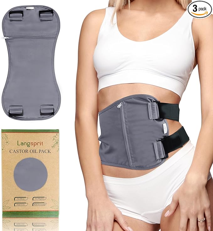 Langsprit Organic Cotton Castor Oil Pack Wrap - Reusable Castor Oil Pads Pack Compress for Liver & Stomach Detox - Body Kit Charcoal Grey