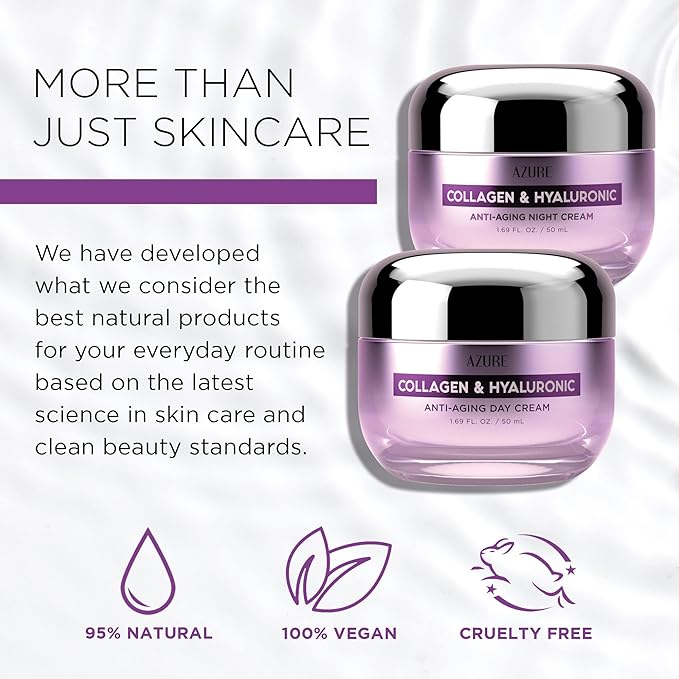 Azure Cosmetics Dermatologist Tested Collagen & Hyaluronic Acid Day & Night Face Moisturizer - K Beauty Anti-Aging Cream for Wrinkle Repair & Deep Hydration Cream - Korean Skincare - All Skin Type