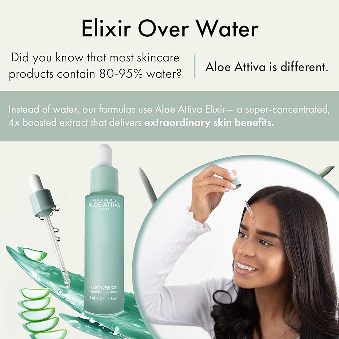 Aloe Attiva 4X POWERLIXIR Serum, Antioxidant-Rich Aloe Vera Serum with Plant-Based Collagen and Hyaluronic Acid,Fragrance-Free Aloe Vera Gel for Face Moisturizer Skin Care for Women 1 Oz Face Serum