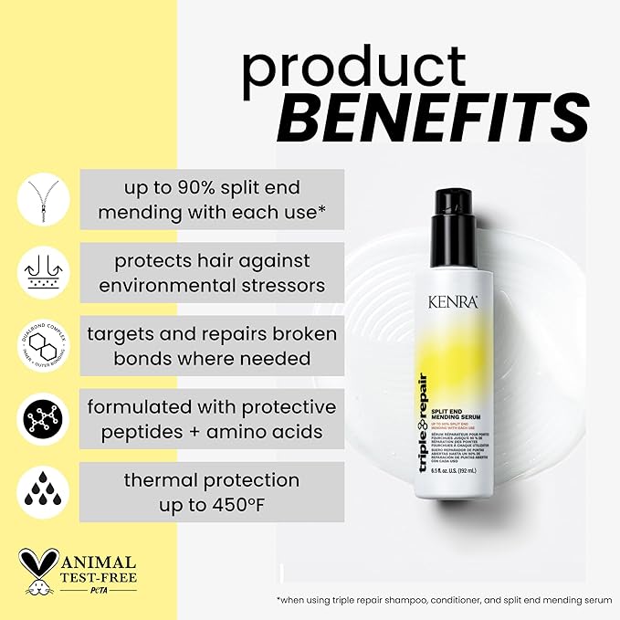 Kenra Triple Repair Split End Mending Serum | Up to 90% Split End Mending with Each Use | Targets & Repairs Weak or Broken Bonds | Split Ends | Damaged Hair | Bond Builder| Sulfate-Free | 6.5 fl. oz.