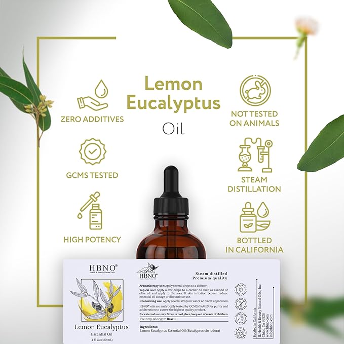 HBNO Lemon Eucalyptus Essential Oil - Huge 4 oz (120ml) Value Size - Natural Lemon Eucalyptus Oil - Perfect for Cleaning, Aromatherapy, DIY, Soap & Diffuser - Lemon Eucalyptus Essential Oil