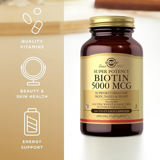 SOLGAR Biotin 5000 mcg - 100 Vegetable Capsules - Supports Healthy Skin, Nails & Hair - Non-GMO, Vegan, Gluten Free, Dairy Free, Kosher - 100 Servings