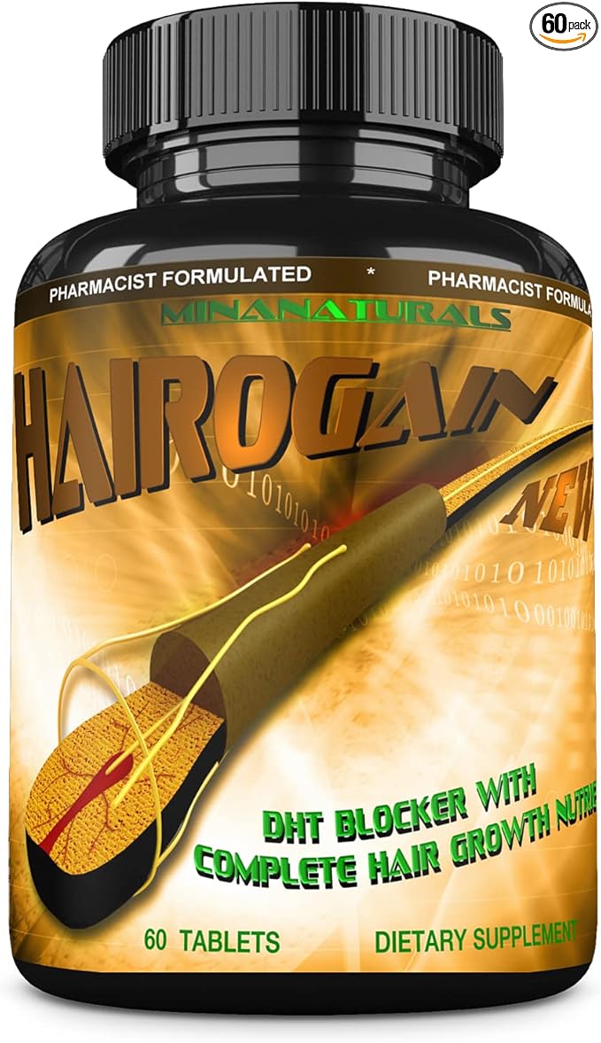 HAIROGAIN DHT Blocker. Support Hair Growth. 10000 mcg Biotin, Collagen & Hair Vitamins Added. Help Decrease Hair Loss and Baldness. 60 Tablets