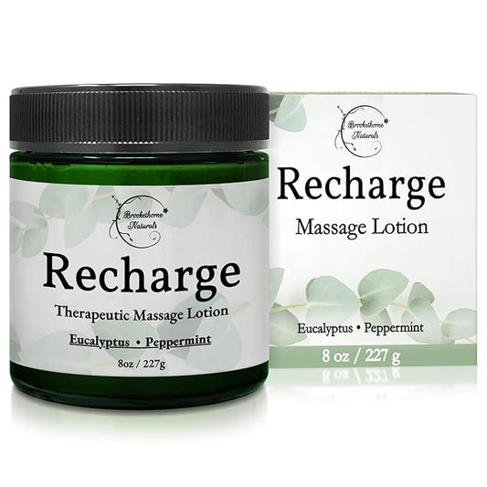 Recharge Massage Lotion for Massage Therapy & Home Use | Cream for Effortless Glide Massaging Body Lotion | Shea Butter, Coconut Oil, Eucalyptus, Peppermint Essential Oil - Brookethorne Naturals