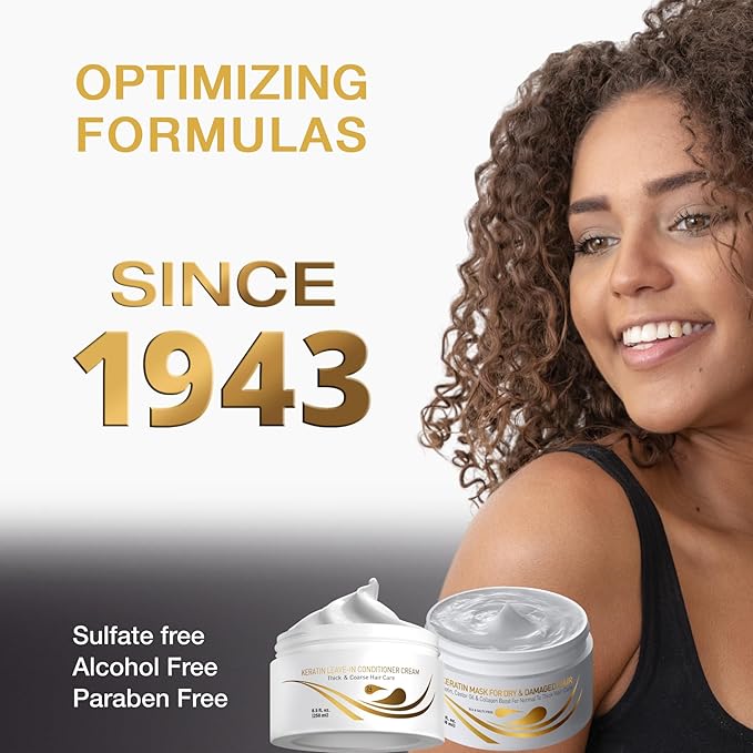 Vitamins Keratin Leave-In Conditioner and Hair Mask Kit - No Rinse Moisturizing Cream and Repair Treatment for Dry, Damaged, Curly, Wavy, Straight, Thick & Coarse Hair - Pro Salon Hair Care