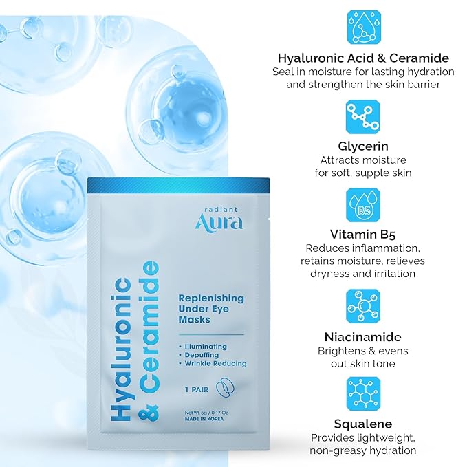 Under Eye Patches with Hyaluronic & Ceramide- Dermatologist Tested Korean Eye Gel Patches for Dark Circles & Puffiness -Illuminating & Wrinkle Reducing Formula for Brighter Eyes - 5 Pairs