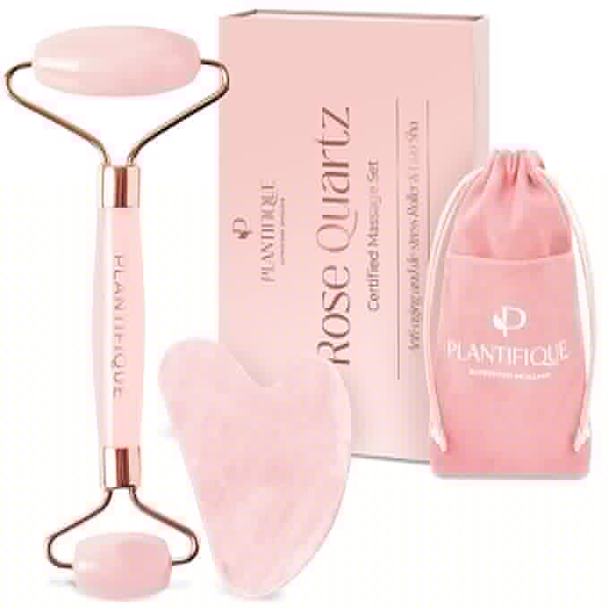 PLANTIFIQUE Face Roller and Gua Sha Rose Quartz Certified | Gifts | Guasha Tool for Face | Jawline Shaper | Your Skin Care Routine