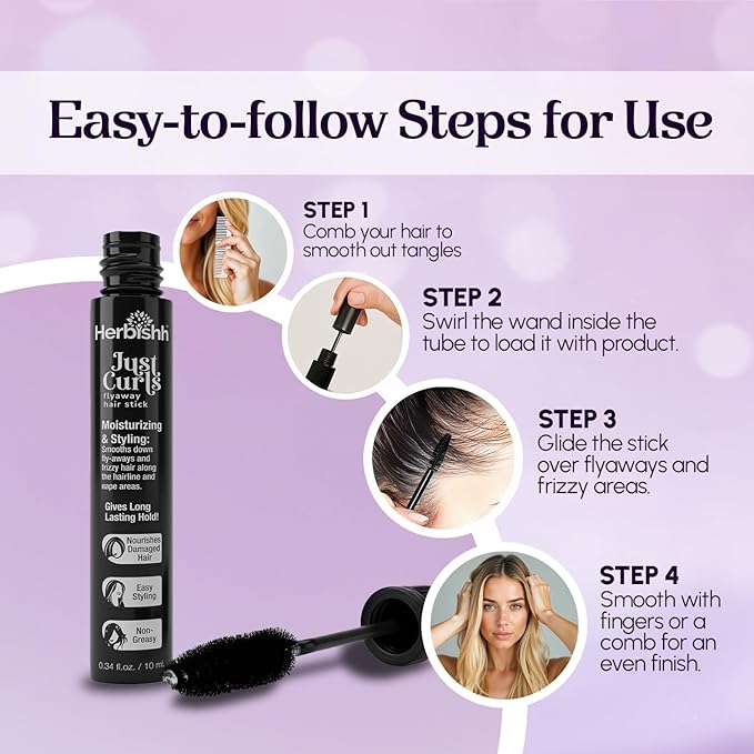 Herbishh Just Curls Flyaway Hair Stick, Quick Hair Finishing Stick for Flyaways, Frizz Control, & Slick Back Look, Non-Greasy Smoothing Serum & Frizz Tamer Wand for Hairline & Nape Areas 0.34 fl.oz