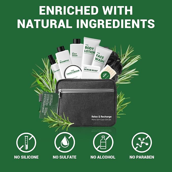 Bath Gifts for Men, 10 Pcs Herbal Mens Spa Set, Bath and Body Gift Basket Includes Shower Gel, Face Wash, Face Cream & More, Fathers Day Gifts for Him