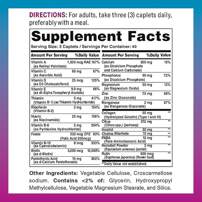 Vitamin World Hair, Skin and Nails Formula 120 caplets, Biotin B-7 Vitamin, Healthy Hair, Skin, Nails, Type I and III Collagen, Coated, Gluten Free