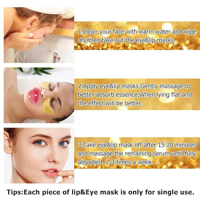 40 Pairs Gold Lip Masks & Eye Masks,24K Gold Gel Collagen Eye Patches for Puffy Eyes, Dark Circles and Wrinkles, Collagen Crystal Mask Set for Face care