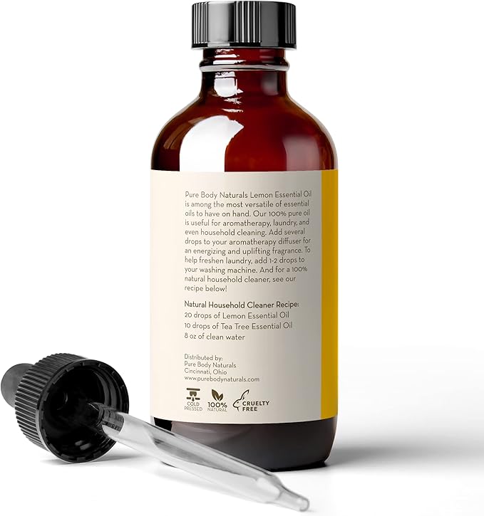 Pure Body Naturals Lemon Essential Oil, 4 fl oz - 100% Pure & Undiluted Lemon Oil for Diffuser and DIY - Natural Deodorizer, Laundry Freshener, Household Cleaner and Degreaser