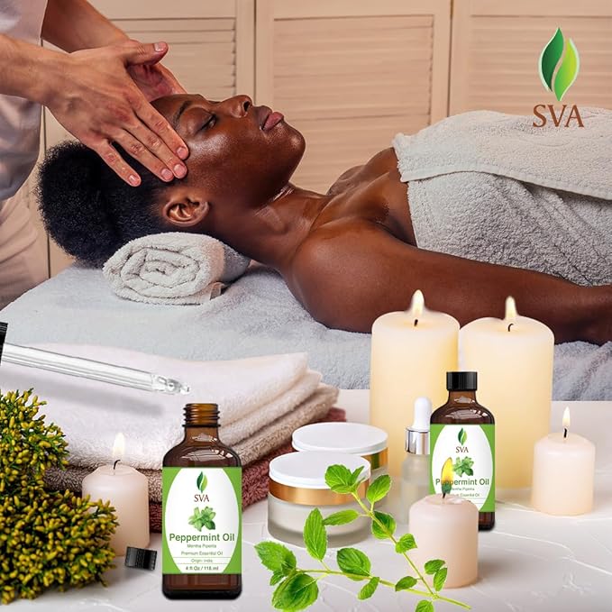 SVA Peppermint Piperita Essential Oil – 4 Fl Oz – 100% Natural Piperita Oil - for Diffuser, Hair Care, Face, Skin Care, Aromatherapy, Scalp and Body Massage, Soap and Candle Making - with Dropper
