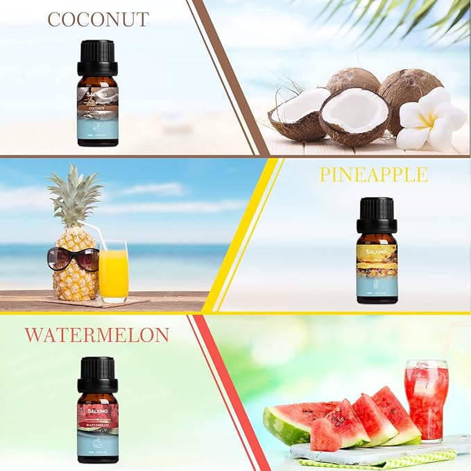 SALKING Summer Fragrance Oils Set, Premium Essential Oils Gift Set for Diffuser, Scented Oil for Soap & Candle Making - Ocean Breeze, Mojito, Coconut, Pineapple, Watermelon, Vanilla Ice Cream