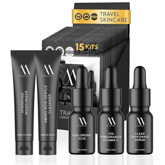 Monopoli Skin Travel Skincare Set | Airplane-Friendly Sizes | Complete Facial Skin Care Kit with BHA Serum, Vitamin C, Moisturizer & Cleanser | Essentials & Gift Set for Women & Teens | 15 Kits