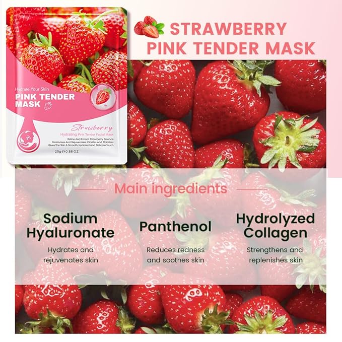 8 Pack Strawberry Face Sheet Mask Skincare,Hydrating Face Mask For Sensitive Skin,Moisturize,Soothing,Nourish for All Skin Types,Natural Spa Party Facial Mask Skincare Set for Women Men Girls