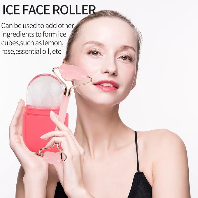 Facial Skincare Ice Roller Mold-Ice Roller for Face and Eye，Beauty Cube Brighten Skin &Enhance Natural Glow &Remove Fine Lines，Facial Beauty Ice Roller Skin Care Tools (Oval, pink set)