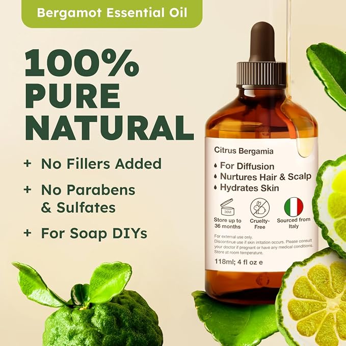 Kukka Bergamot Essential Oil for Diffuser and Skin - 4 Fl Oz - 100% Pure Natural Bergamot Oil for Aromatherapy, Hair Shampoo ,Bath Bomb & Soap Making Scent DIY