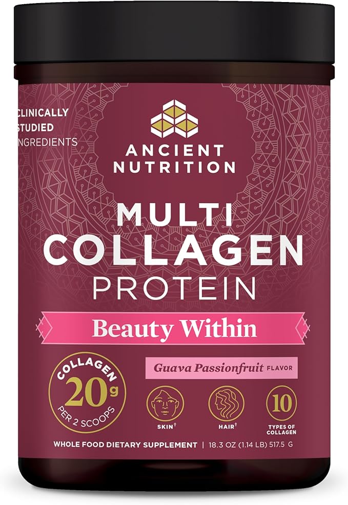 Ancient Nutrition Collagen Powder Protein, Multi Collagen Protein Beauty Within, Guava Passionfruit, with Vitamin C, Hydrolyzed Collagen Peptides Supports Healthy Skin and Nails, 18.3oz
