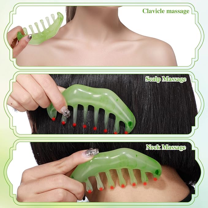 Geiserailie 2 Pieces Jade Combs Massage Stone Hair Gua Sha Scraping Scalp Comb Facial Massage Tool Multifunctional Handheld Head Tools Head Caring Therapy Mother's Day Gift(Elegant Style)