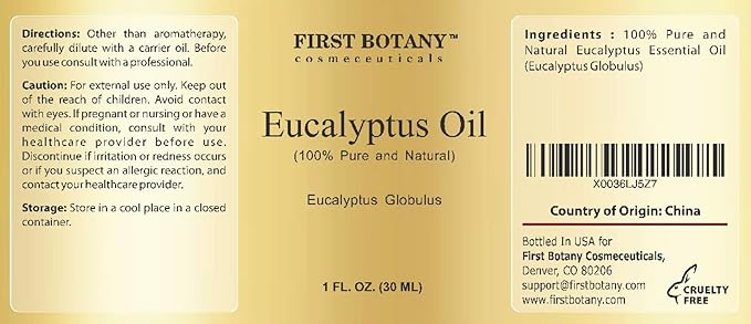First Botany, 100% Pure Eucalyptus Oil - Premium Eucalyptus Essential Oil for Aromatherapy, Massage, Topical & Household Uses - 1 fl oz (Eucalyptus)