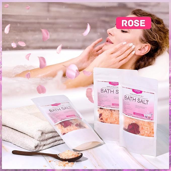 Bath Salts KIT Pack of 3 Natural Epsom Salt Rose Essential Oils Relaxes and Better Sleep Himalayan Pink Salt Foot Soak Tea Tree Oil Himalayan Foot Bath Salts Set