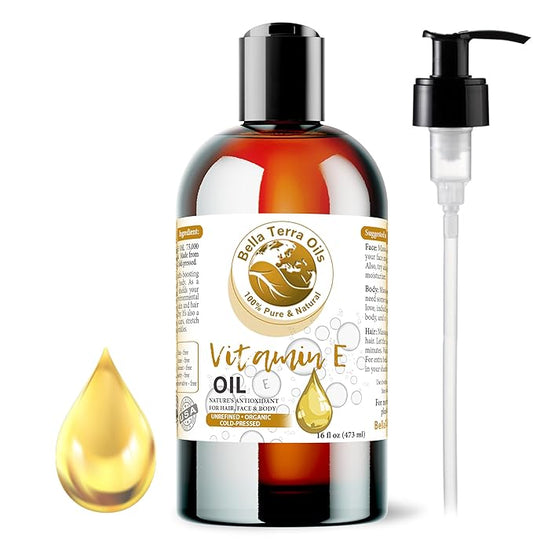 Bella Terra Oils - Organic Vitamin E Oil 16oz - Embrace the Purity of D-Alpha Tocopherol, The Strongest Form of Organic Vitamin E, Perfect Harmony with Skin's Natural Essence