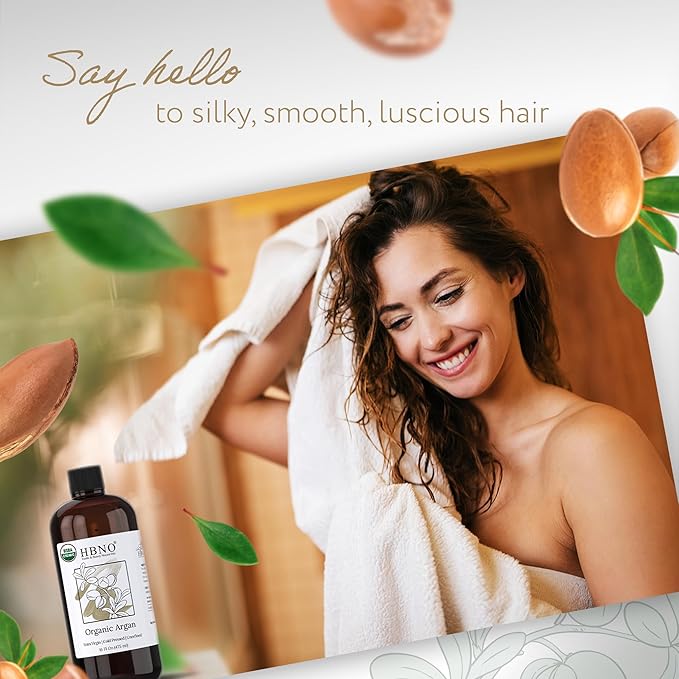 HBNO Organic Argan Oil - Huge 16 oz (475 ml) Value Size - Natural Argan Oil, Cold Pressed - Perfect Carrier Oil for Massage, Aromatherapy, DIY, Soap Making, Face, Body, Lips, Hair, Nails - Argan Oil