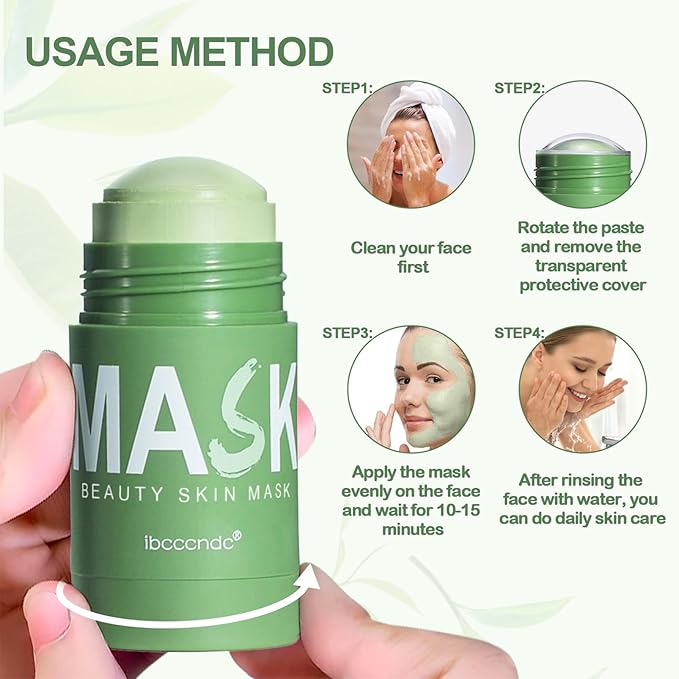 Green Tea Clay Stick, Clay Mask for Face with Green Tea Extract, Green Tea Mask Stick, Green Tea Deep Cleanse Mask, Deep Pore Cleansing, Moisturizing for Men and Women, All Skin Types (2 PCS)