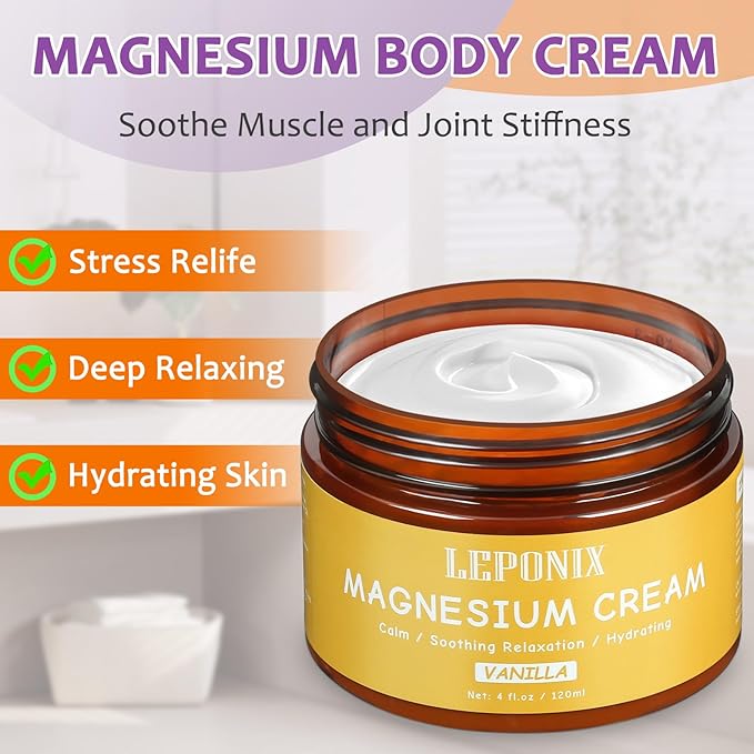 LEPONIX Magnesium Cream for Sleep - Topical Magnesium Lotion for Muscle Relaxation, Leg Cramps, Pain Relief & Better Sleep, Soothing Magnesium Body Butter for Adults & Kids (120ml, Vanilla)